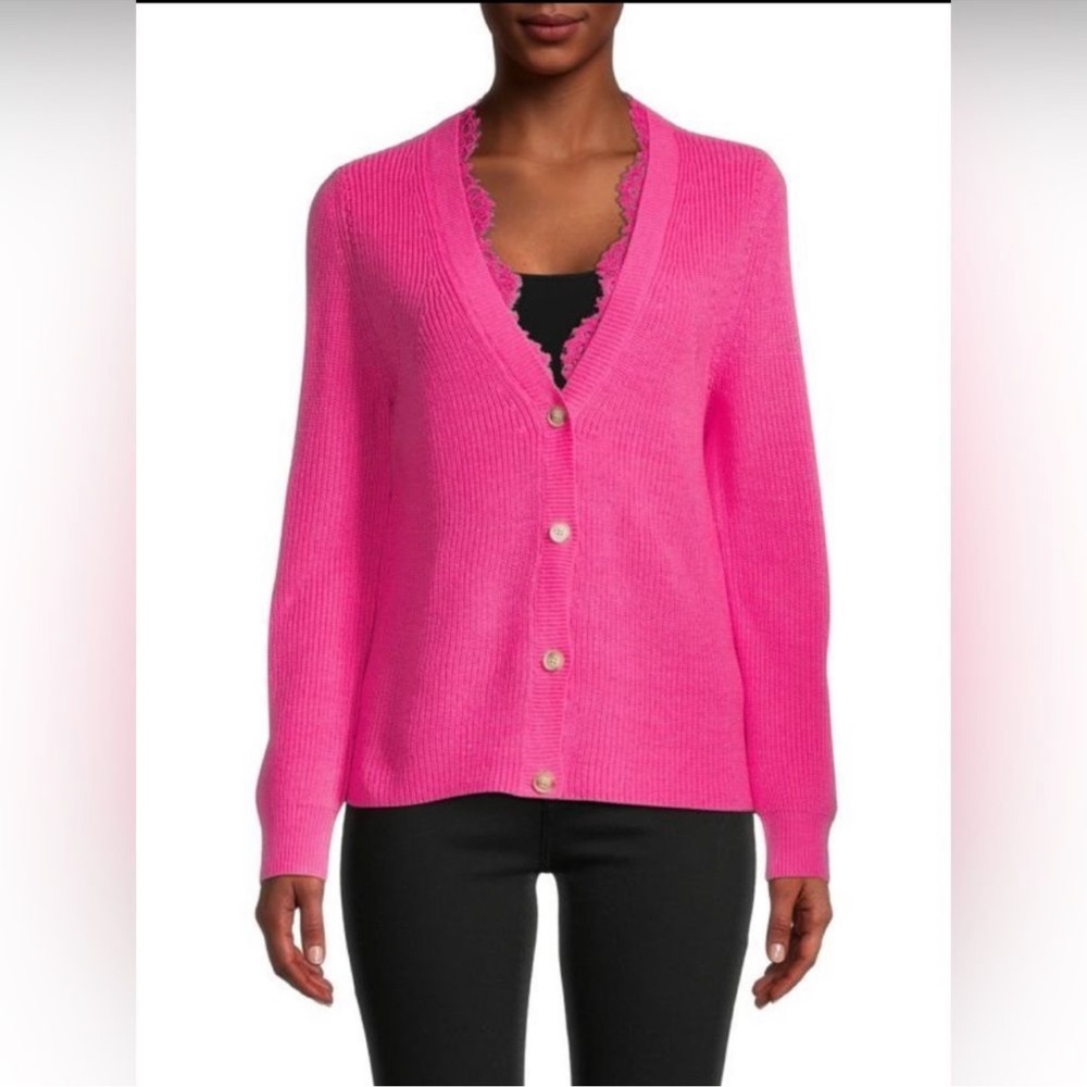 Hot pink v neck cardigan with lace trim